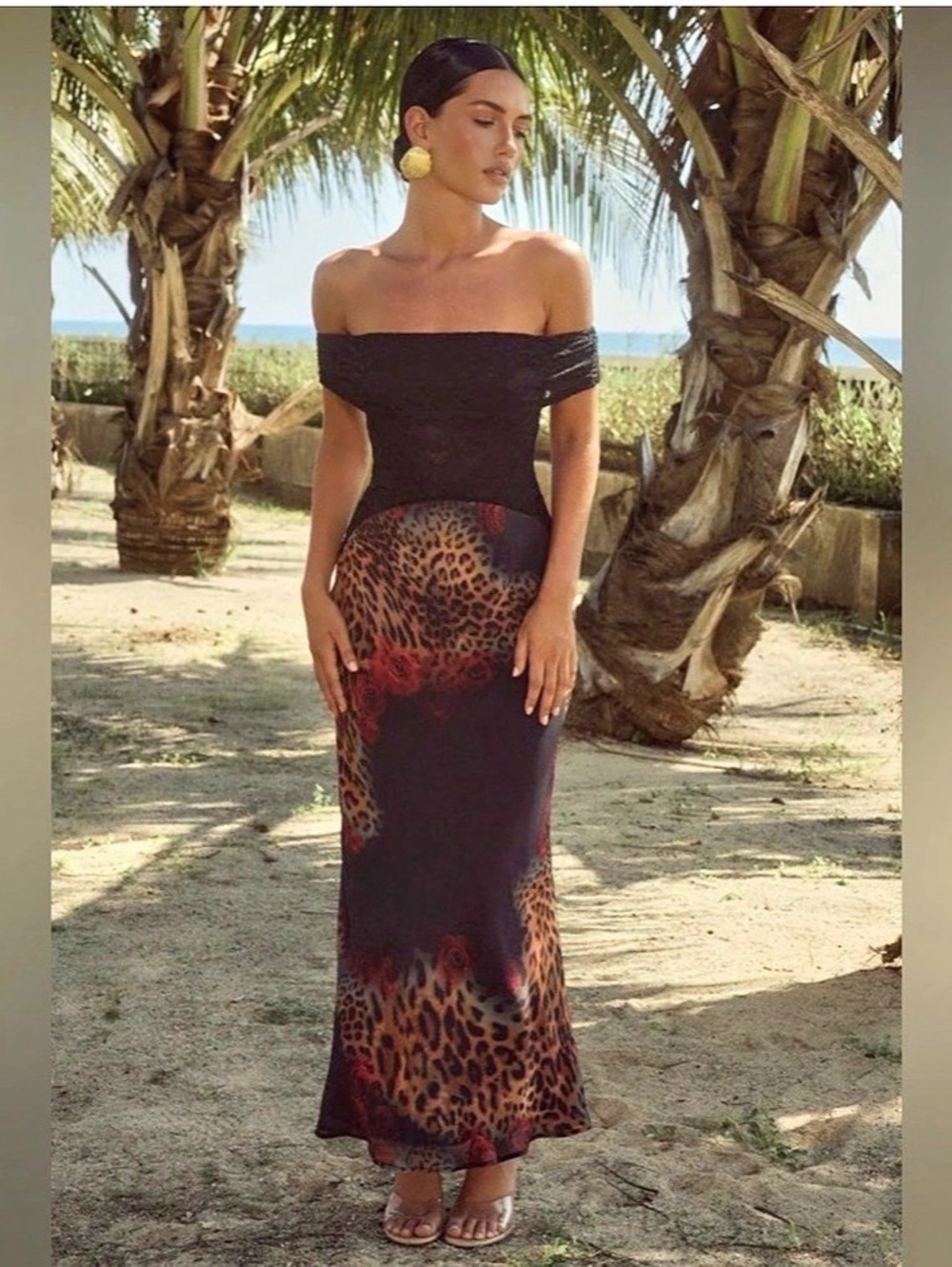 Runaway The Label by Revolve Leopard Rose Print Lace Maxi Dress Off Shoulder S
